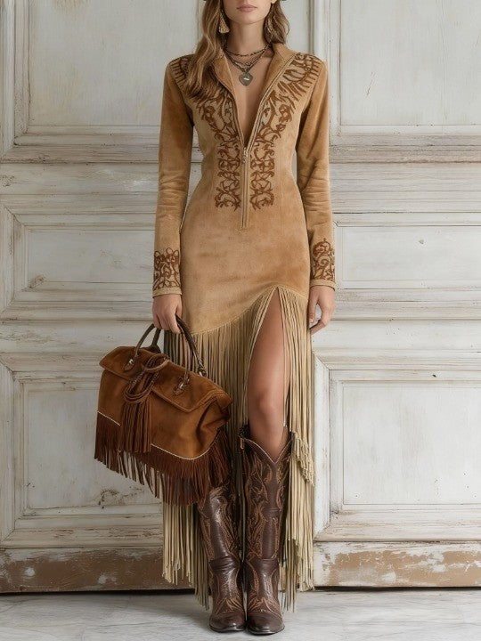 Women's Ophelio Western-Inspired Maxi Dress with Embroidered Faux Fringe and Half-Zip Detail