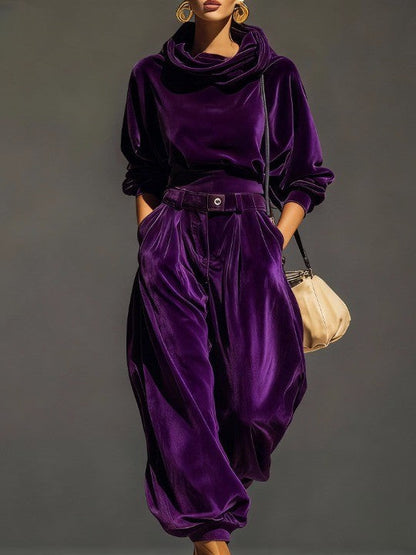 Women's Retro Brown Hoodie and Relaxed Trousers Set (Belt Included) with Pockets