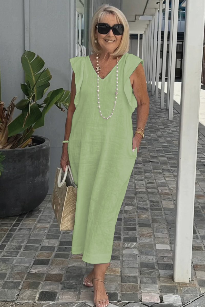 Roselyn | Women's Effortless Charm Midi Dress with Pockets and Ruffle Detail