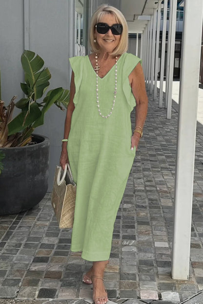 Roselyn | Women's Effortless Charm Midi Dress with Pockets and Ruffle Detail