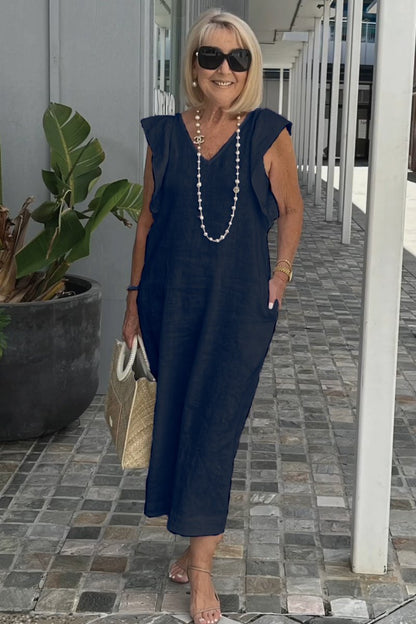 Roselyn | Women's Effortless Charm Midi Dress with Pockets and Ruffle Detail