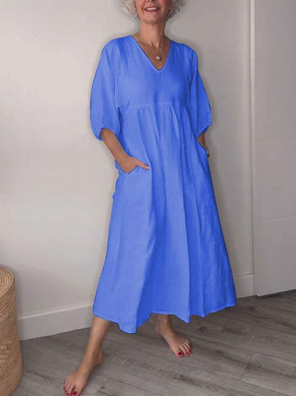 Eeva | Women's Casual Midi Dress with V-Neck and Pockets