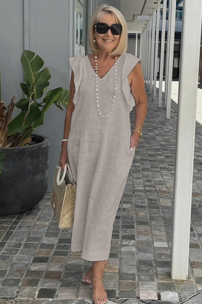 Roselyn | Women's Effortless Charm Midi Dress with Pockets and Ruffle Detail