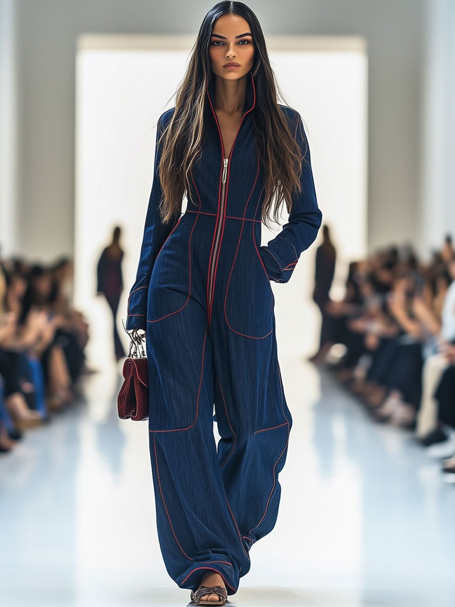 Nicole | Women's Retro Red Topstitched Denim Jumpsuit with Pockets