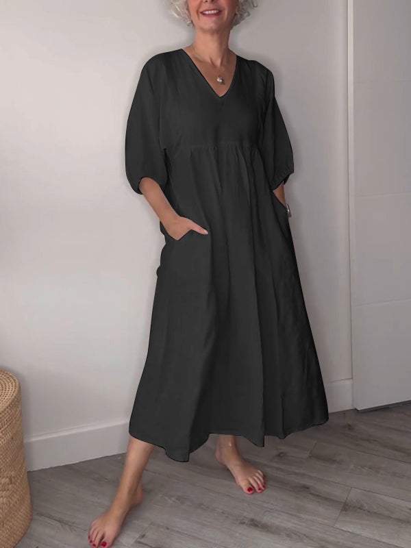Eeva | Women's Casual Midi Dress with V-Neck and Pockets