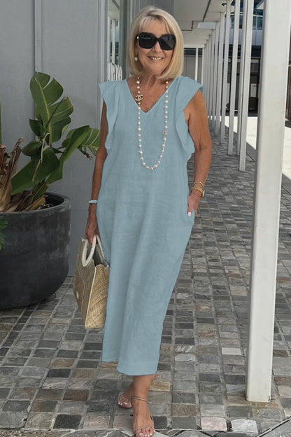 Roselyn | Women's Effortless Charm Midi Dress with Pockets and Ruffle Detail