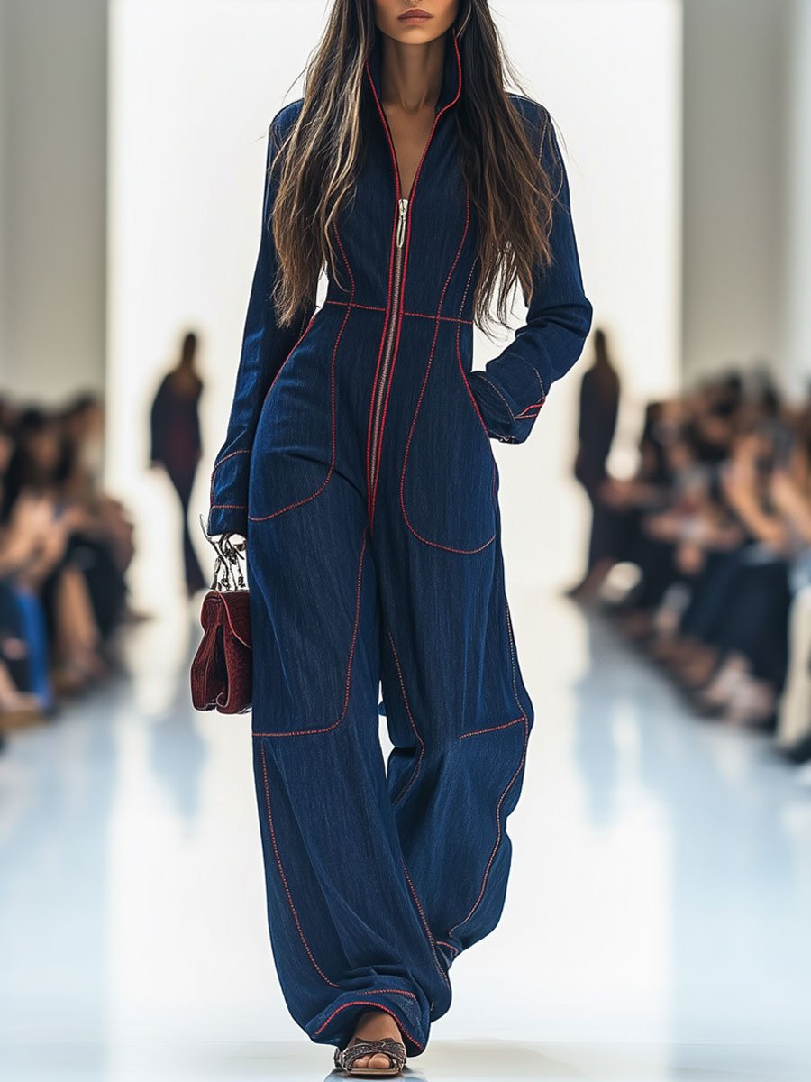Nicole | Women's Retro Red Topstitched Denim Jumpsuit with Pockets