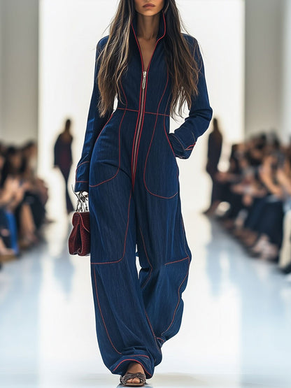 Nicole | Women's Retro Red Topstitched Denim Jumpsuit with Pockets