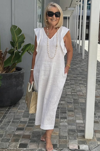 Roselyn | Women's Effortless Charm Midi Dress with Pockets and Ruffle Detail