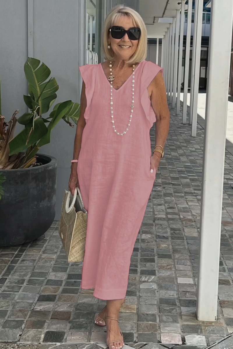 Roselyn | Women's Effortless Charm Midi Dress with Pockets and Ruffle Detail