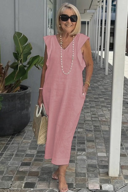 Roselyn | Women's Effortless Charm Midi Dress with Pockets and Ruffle Detail