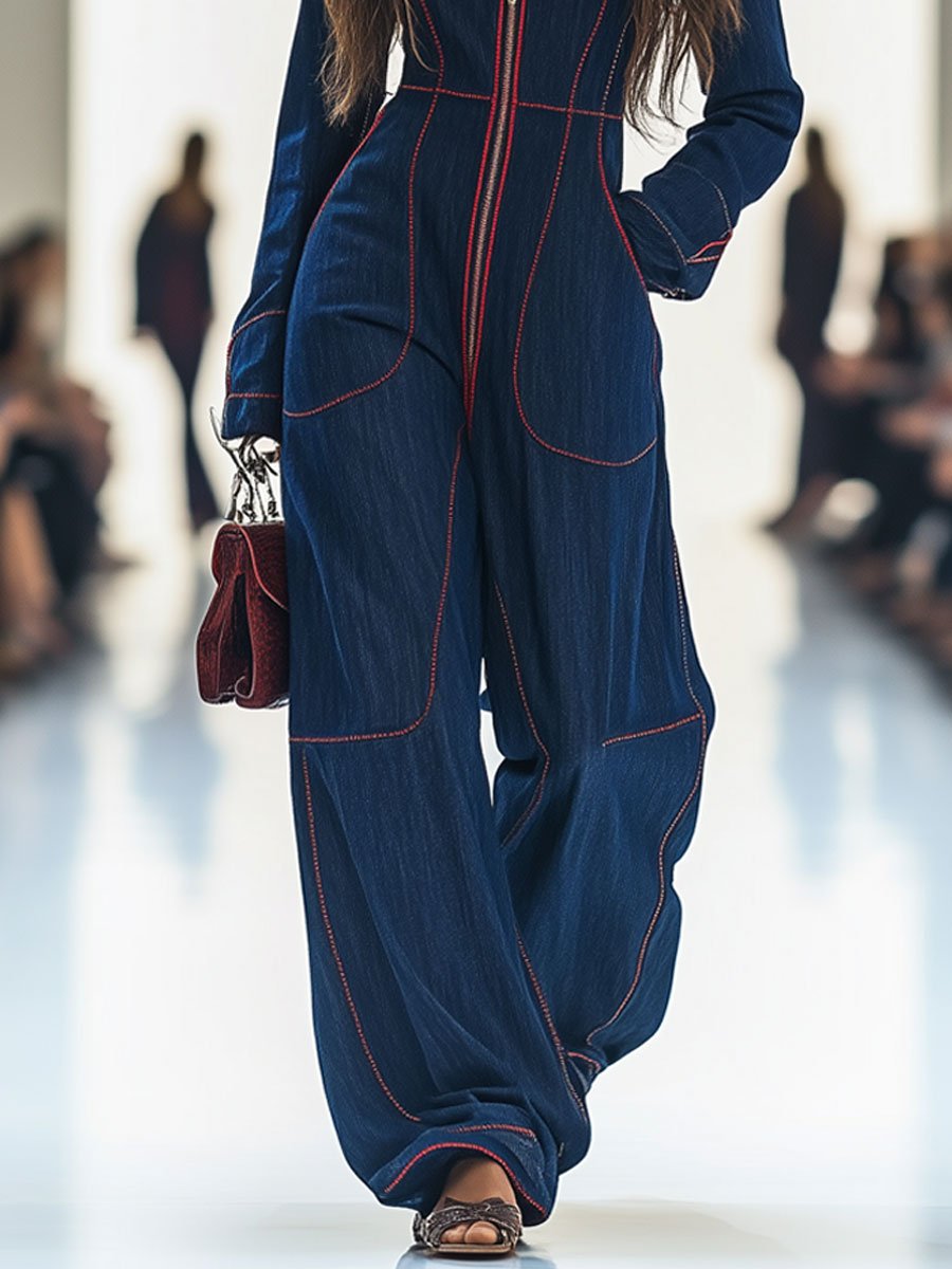 Nicole | Women's Retro Red Topstitched Denim Jumpsuit with Pockets