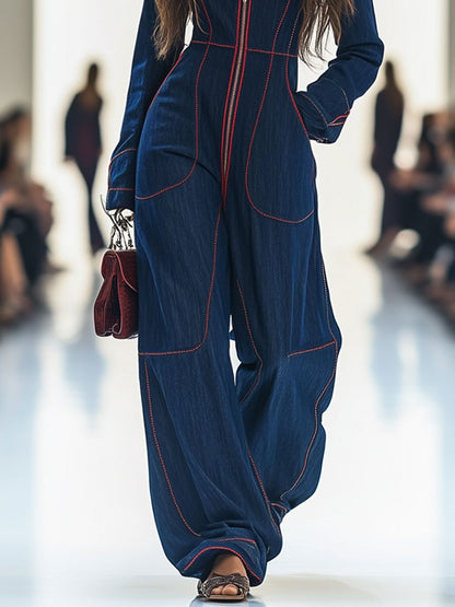 Nicole | Women's Retro Red Topstitched Denim Jumpsuit with Pockets