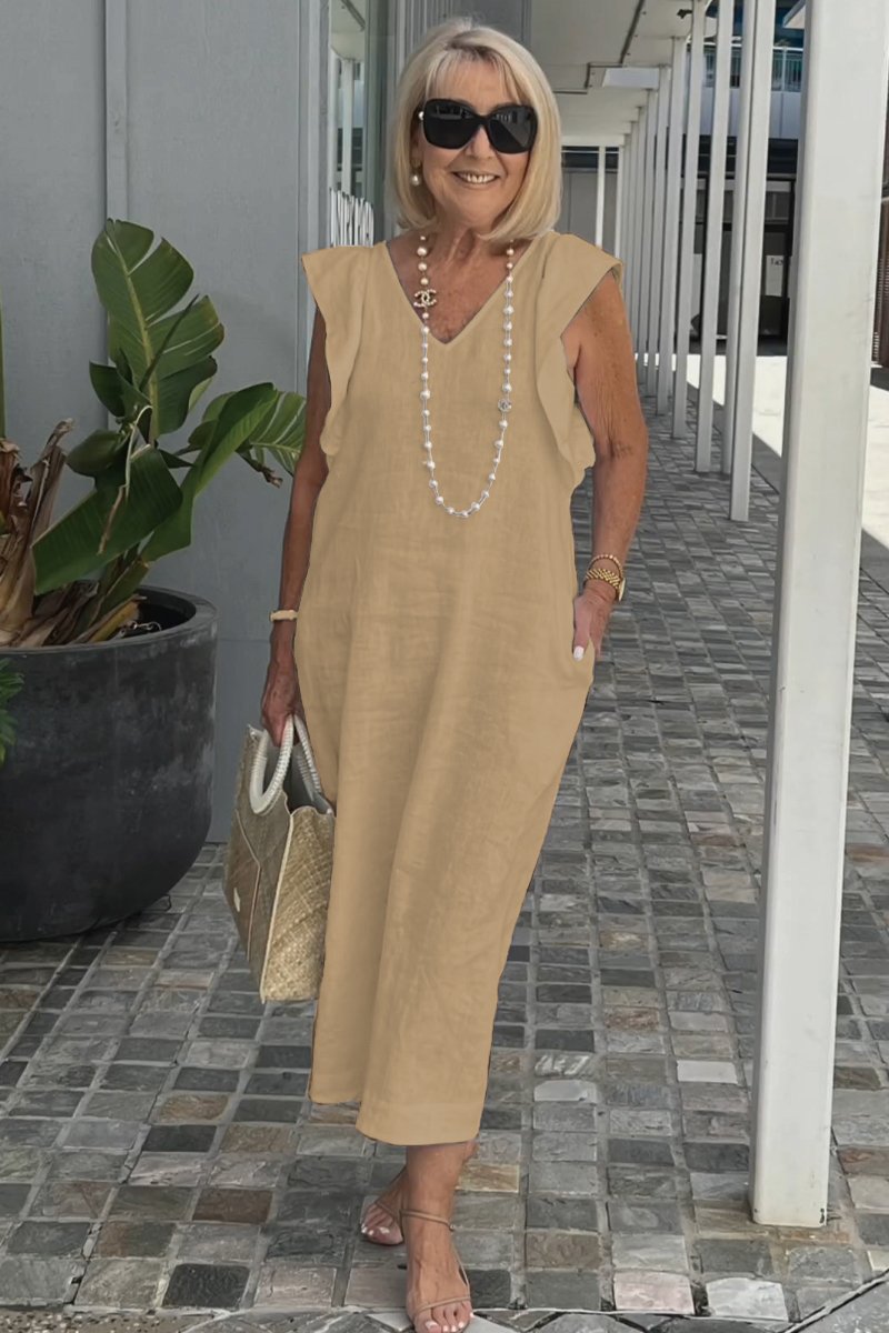 Roselyn | Women's Effortless Charm Midi Dress with Pockets and Ruffle Detail