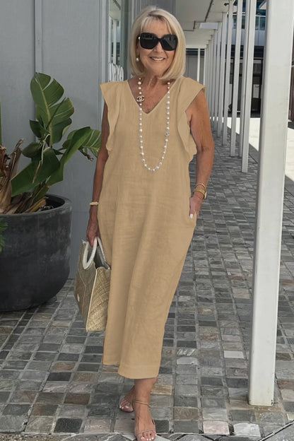 Roselyn | Women's Effortless Charm Midi Dress with Pockets and Ruffle Detail