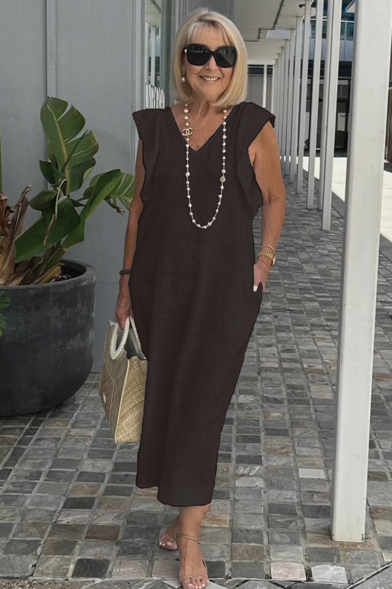 Roselyn | Women's Effortless Charm Midi Dress with Pockets and Ruffle Detail