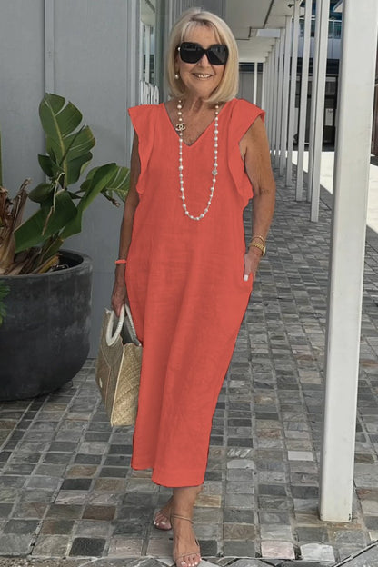 Roselyn | Women's Effortless Charm Midi Dress with Pockets and Ruffle Detail