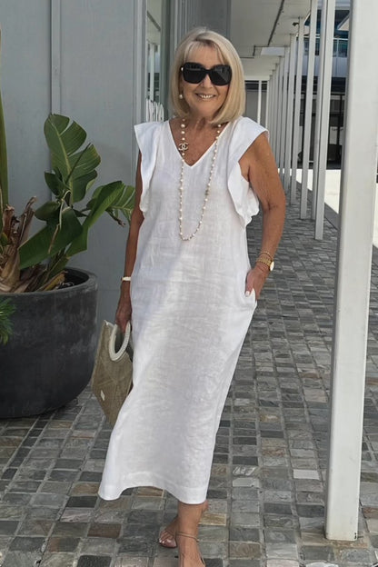 Roselyn | Women's Effortless Charm Midi Dress with Pockets and Ruffle Detail