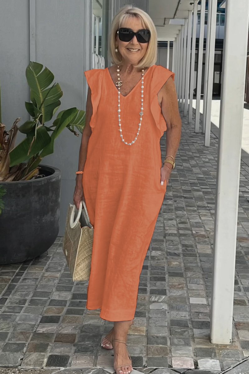 Roselyn | Women's Effortless Charm Midi Dress with Pockets and Ruffle Detail