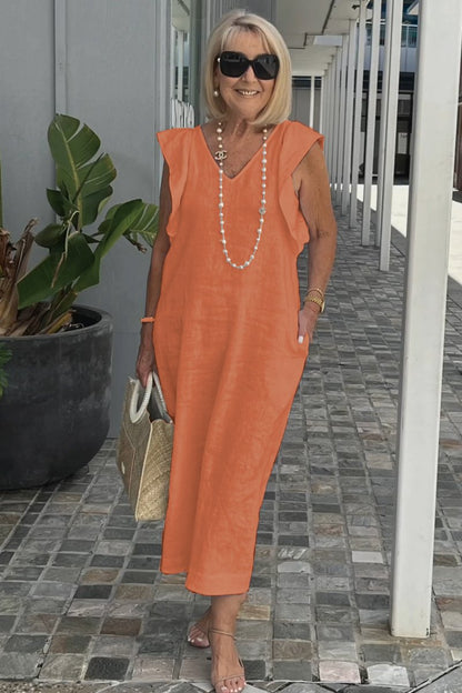 Roselyn | Women's Effortless Charm Midi Dress with Pockets and Ruffle Detail