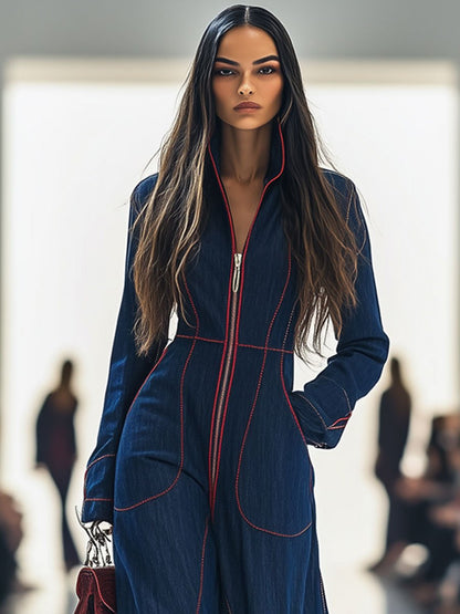 Nicole | Women's Retro Red Topstitched Denim Jumpsuit with Pockets