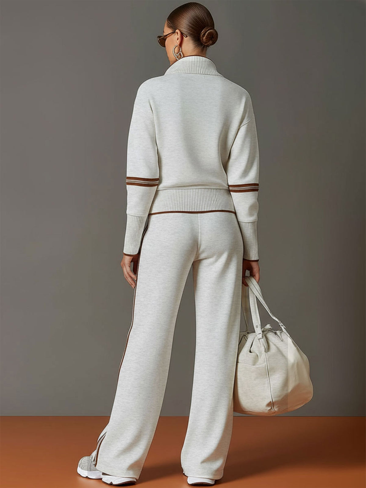 Women's Vintage-Inspired Grey and White Half-Zip Sweatshirt with Wide-Leg Trousers Set