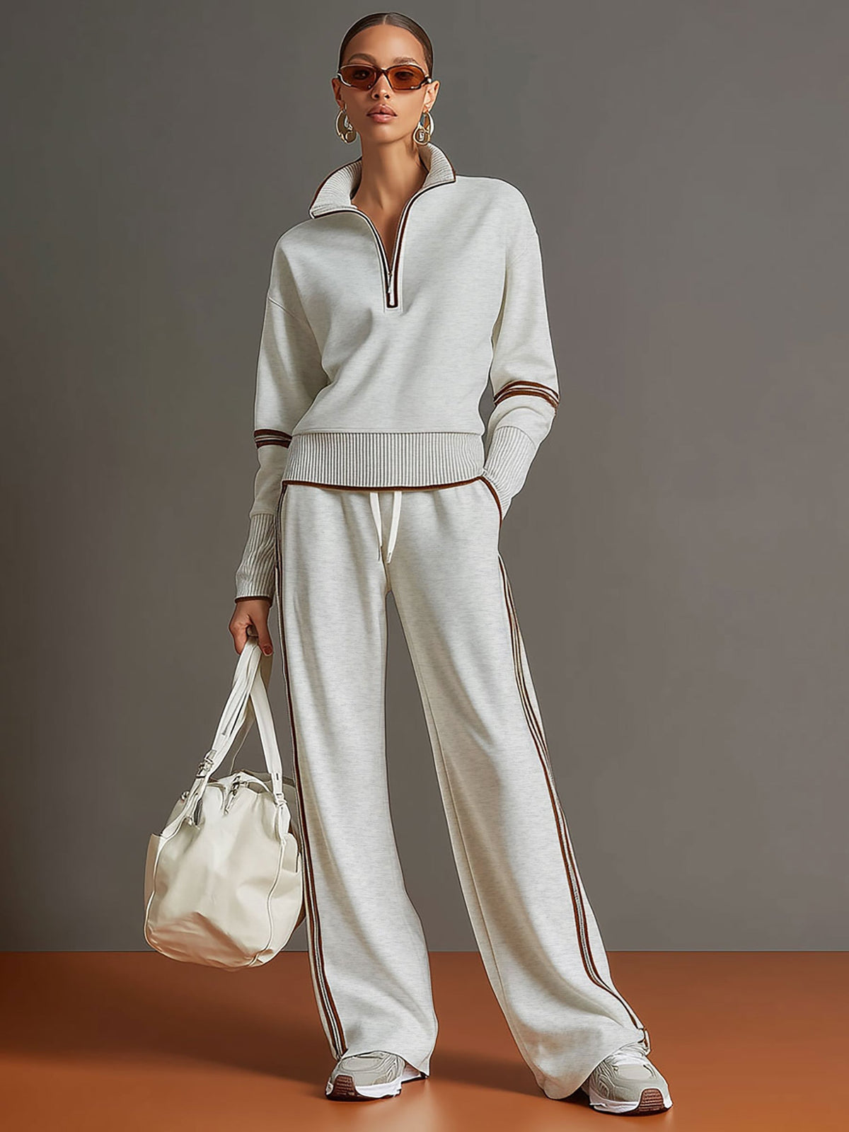 Women's Vintage-Inspired Grey and White Half-Zip Sweatshirt with Wide-Leg Trousers Set