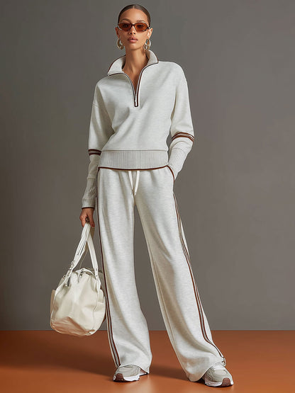 Women's Vintage-Inspired Grey and White Half-Zip Sweatshirt with Wide-Leg Trousers Set