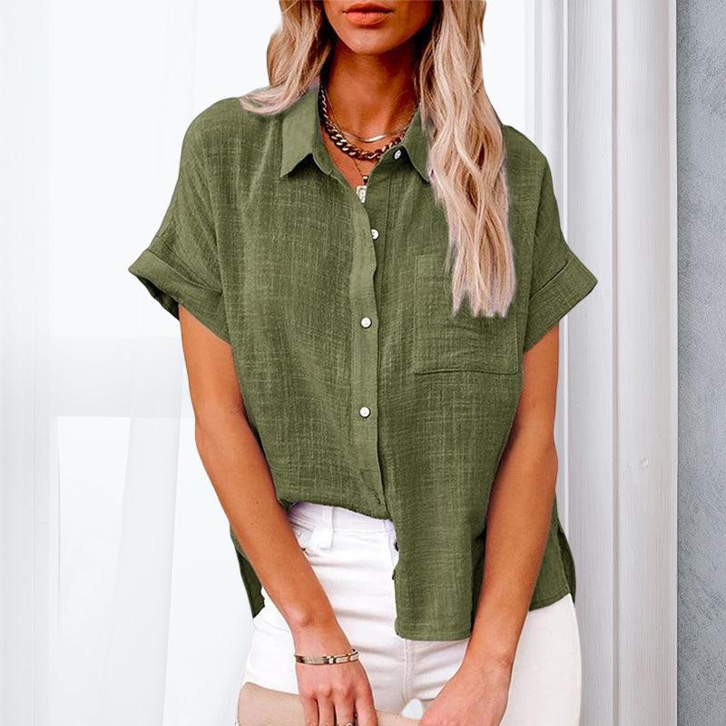 Women's Short Sleeve Blouse with Pockets and Buttons