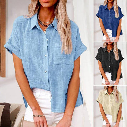 Women's Short Sleeve Blouse with Pockets and Buttons