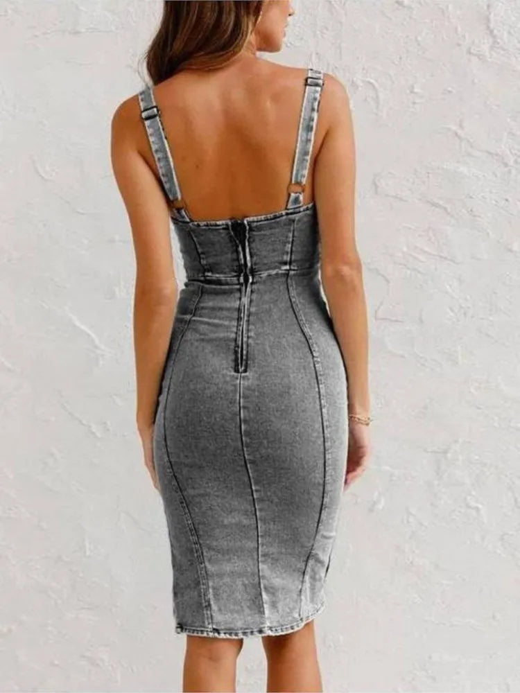 Mirabella | Women's Denim Midi Dress with Adjustable Straps and Side Slit