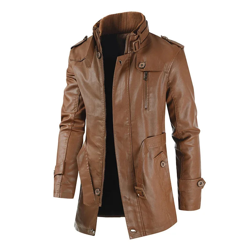 Men's Elegant Long Biker Jacket with Long Sleeve