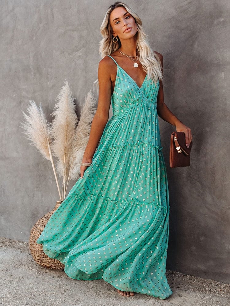 Women's Evi Green Maxi Dress With V-Neck and Summery Ibiza Print