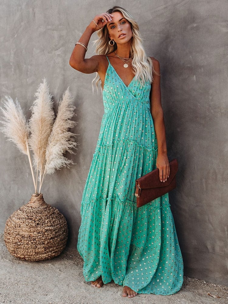 Women's Evi Green Maxi Dress With V-Neck and Summery Ibiza Print
