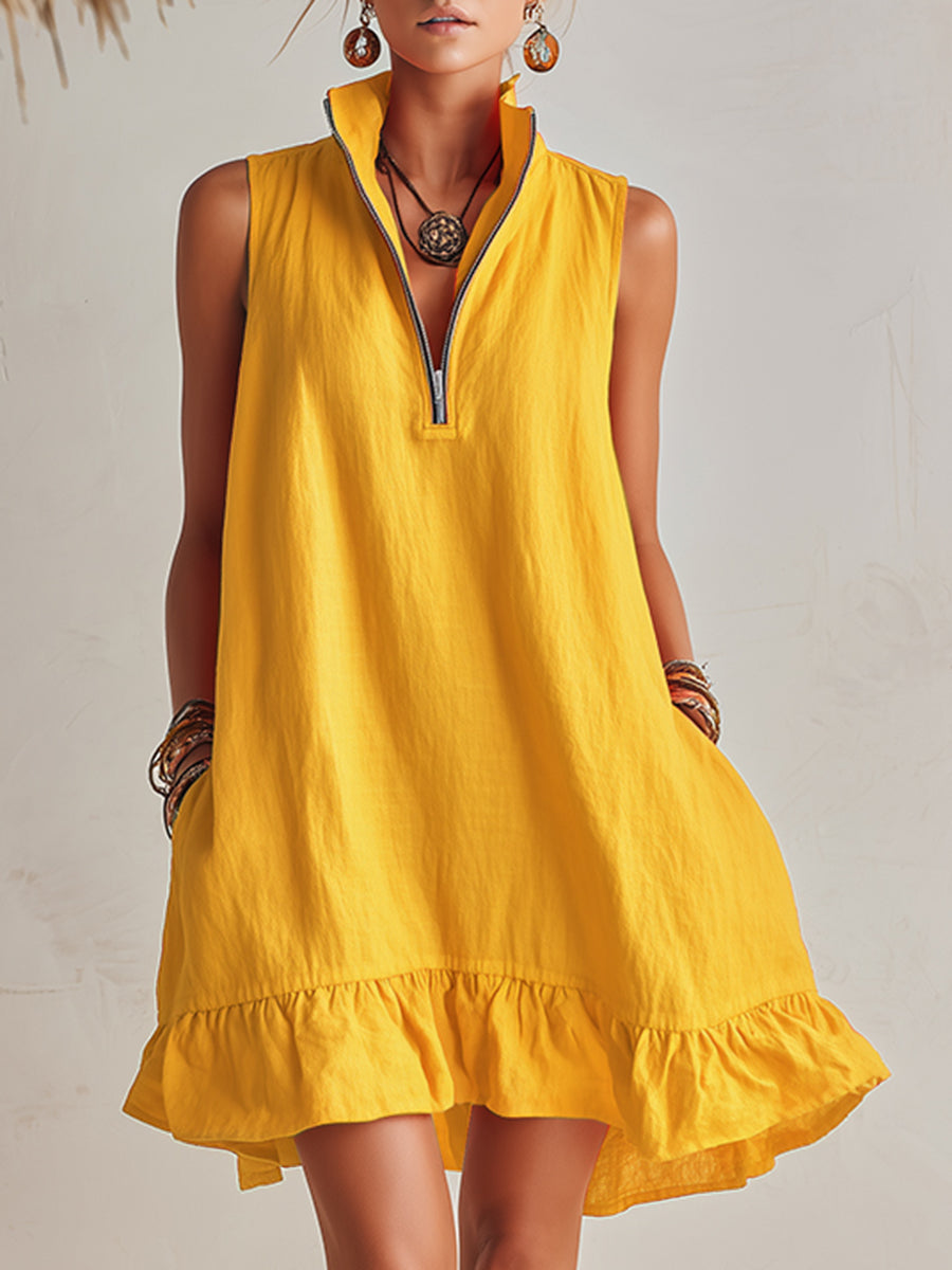Women's Bright Orange Half-Zip Mini Dress with Ruffled Hem and Stand-Up Collar