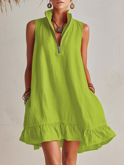 Women's Bright Orange Half-Zip Mini Dress with Ruffled Hem and Stand-Up Collar