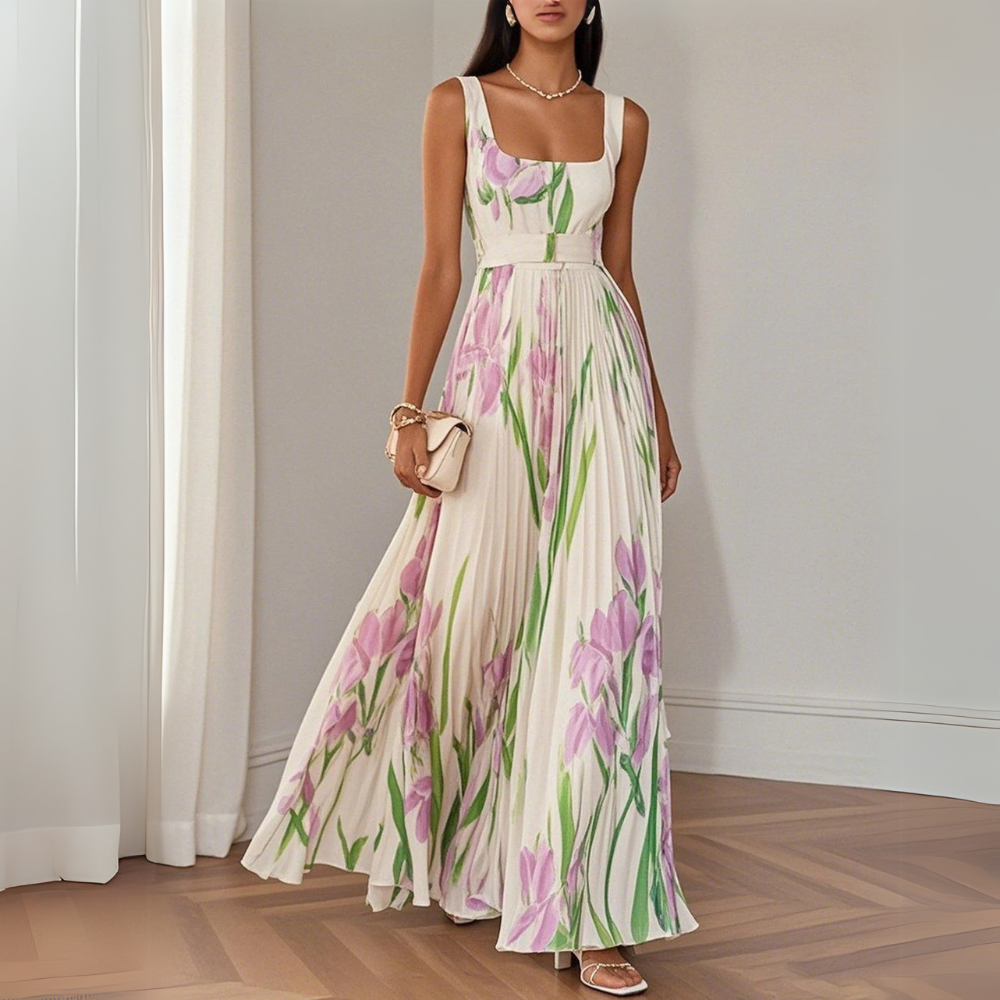 Nina | Women's Long Floral Pleated Maxi Dress
