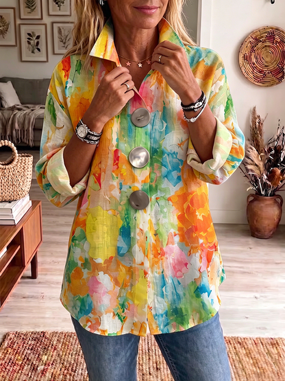 Women's Longline Metal-Button Shirt with Artistic Watercolour Palette Print