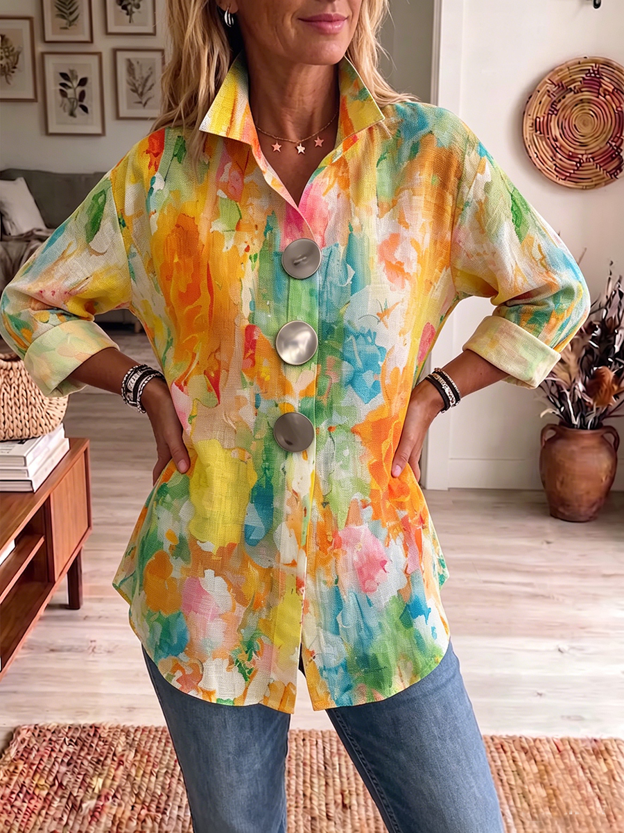 Women's Longline Metal-Button Shirt with Artistic Watercolour Palette Print