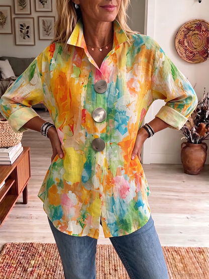 Women's Longline Metal-Button Shirt with Artistic Watercolour Palette Print