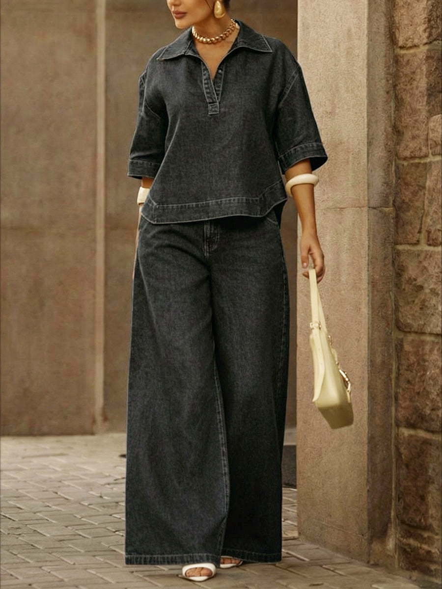 Chic Women's DenTop and Wide-Leg Trouser Two-Piece Set with Pockets