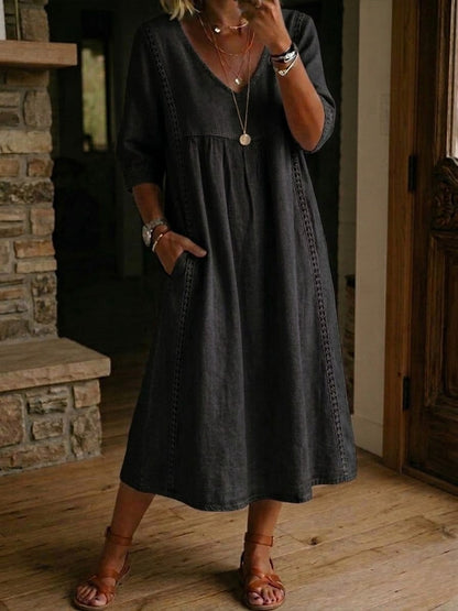 Women's Antonia A-Line Maxi Dress with 3/4 Sleeves and Pockets