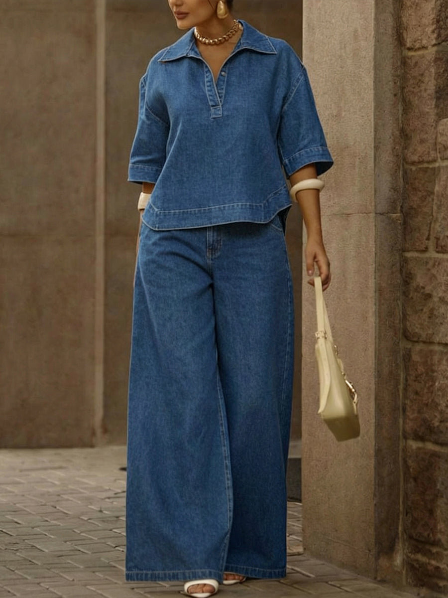 Chic Women's DenTop and Wide-Leg Trouser Two-Piece Set with Pockets