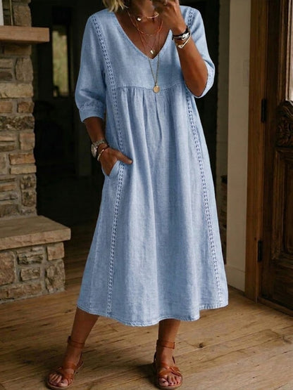 Women's Antonia A-Line Maxi Dress with 3/4 Sleeves and Pockets