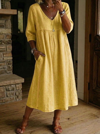 Women's Antonia A-Line Maxi Dress with 3/4 Sleeves and Pockets