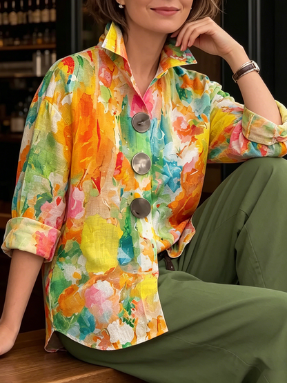 Women's Longline Metal-Button Shirt with Artistic Watercolour Palette Print