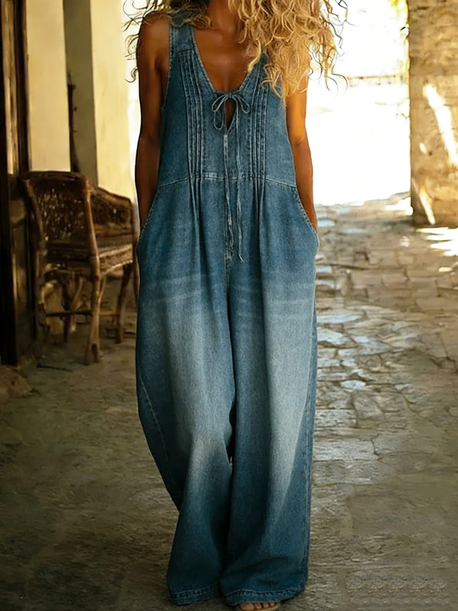 Women's Relaxed Fit Pleated Denim Jumpsuit with Drawstring and Pockets
