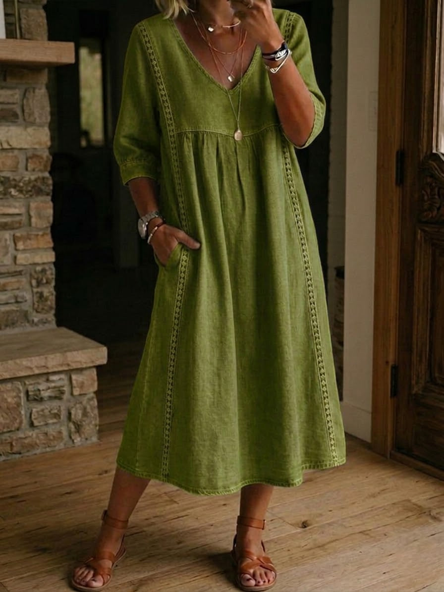 Women's Antonia A-Line Maxi Dress with 3/4 Sleeves and Pockets