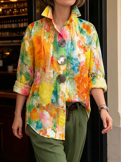 Women's Longline Metal-Button Shirt with Artistic Watercolour Palette Print