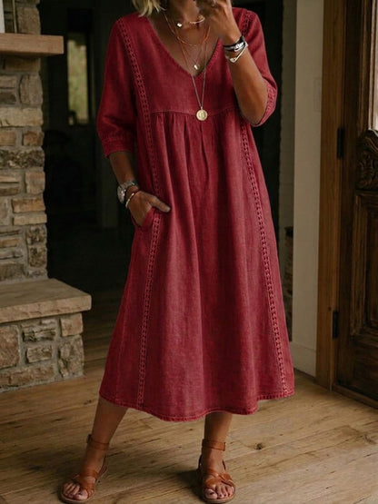 Women's Antonia A-Line Maxi Dress with 3/4 Sleeves and Pockets